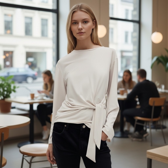 Express Tops - Express NWT Cream Skimming Tie Front Long Sleeve Crew Neck Top Small